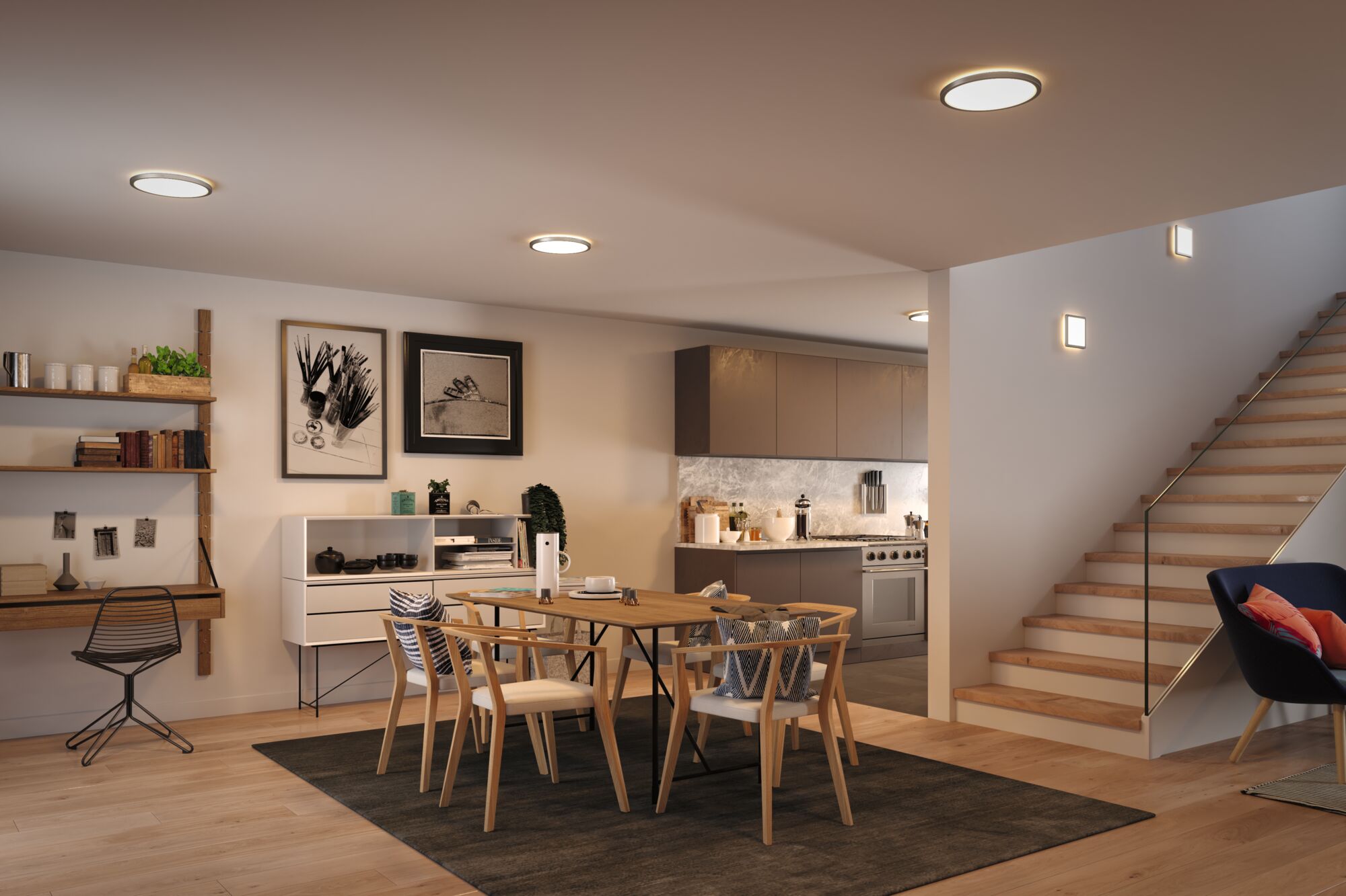 Modern dining room with wooden chairs and table, illuminated by round ceiling lights with warm white light