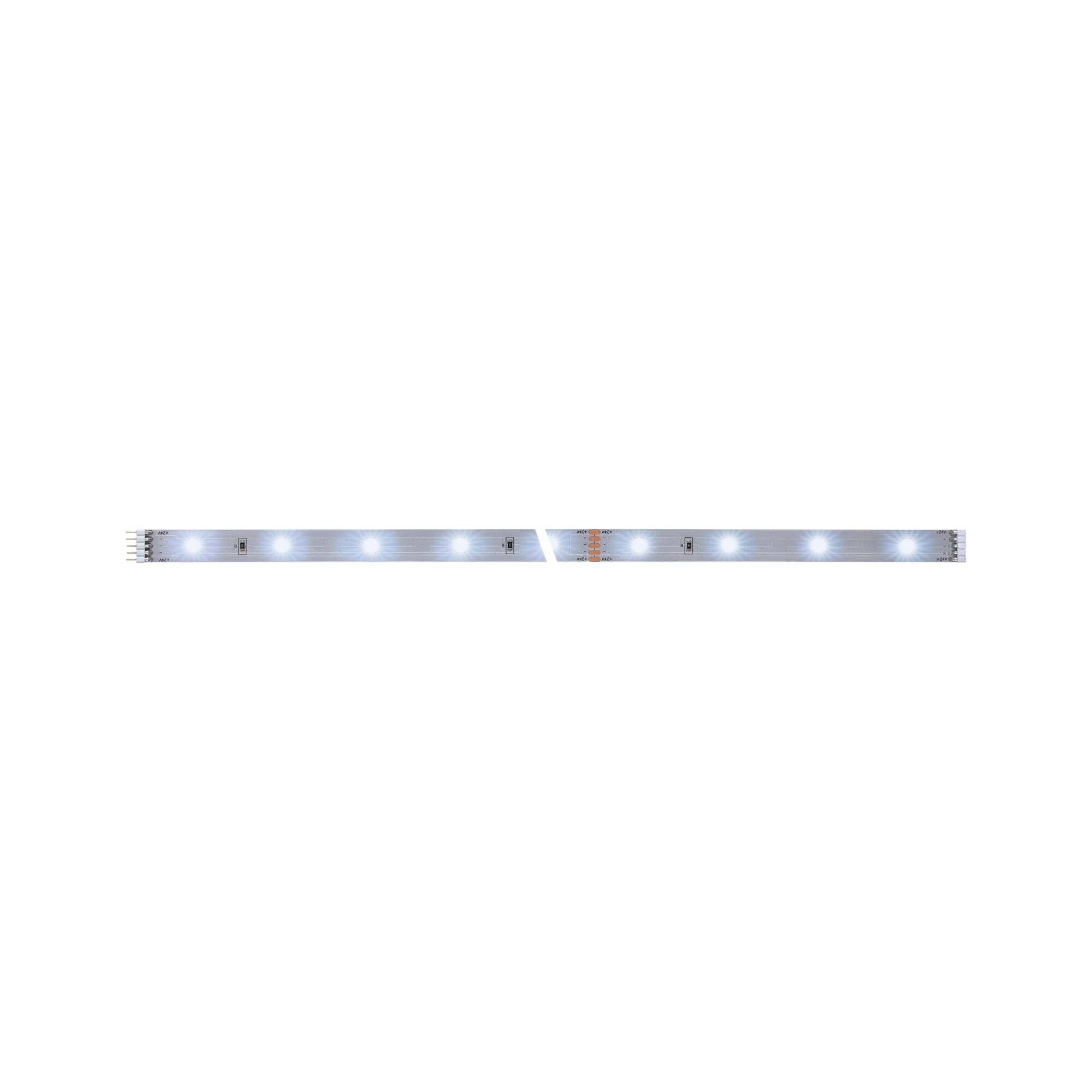 LED light strip with white LEDs on silver board for flexible indoor lighting solutions