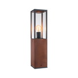 Moderne buitenwandlamp van bruin hout en zwart metaal met helder glas en zichtbare gloeilamp