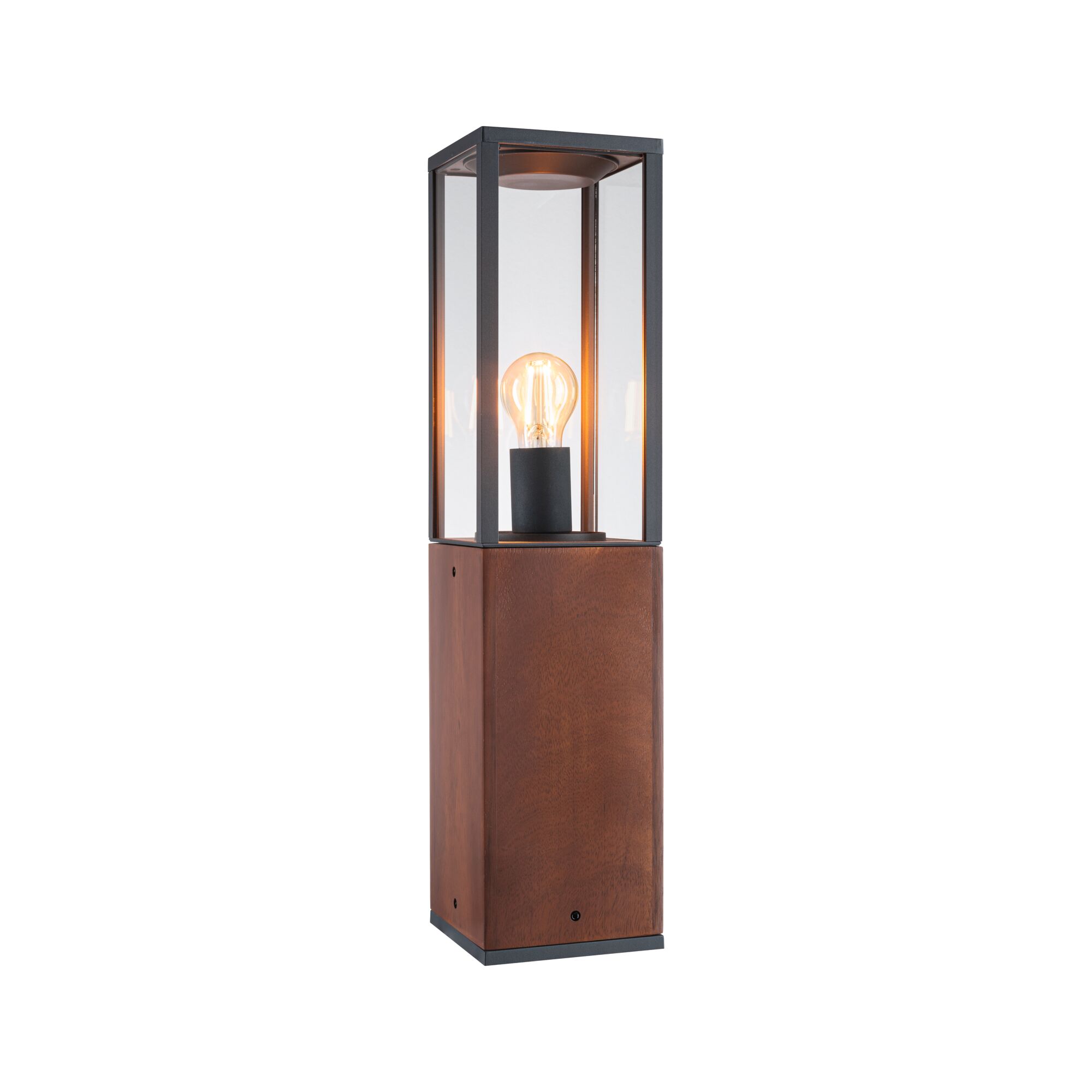 Moderne Außenleuchte mit Holzsockel und schwarzem Metallrahmen, klare Glasscheiben, sichtbare Glühbirne