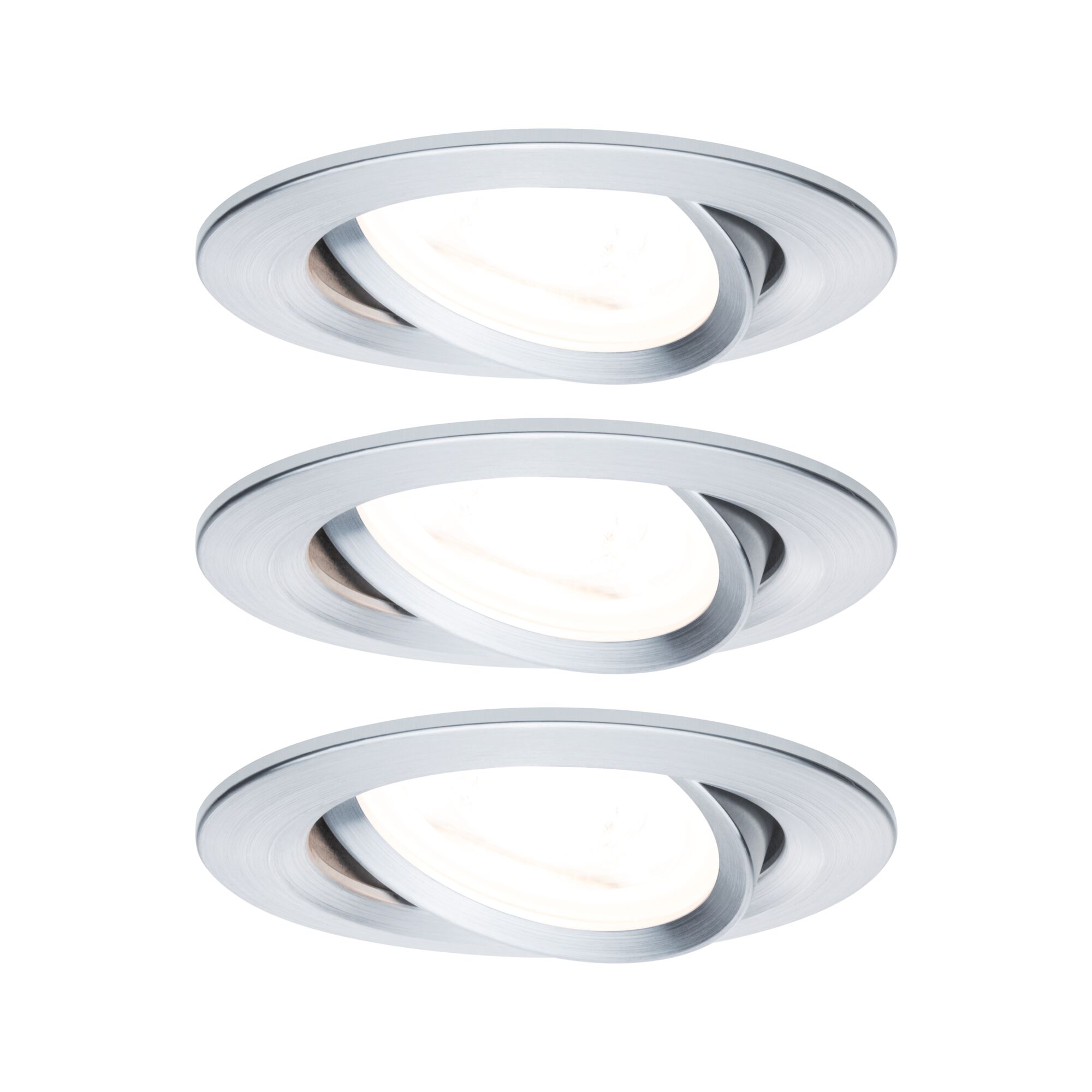 Drei runde Einbaustrahler aus gebürstetem Aluminium in Silber mit schwenkbarem Licht.
