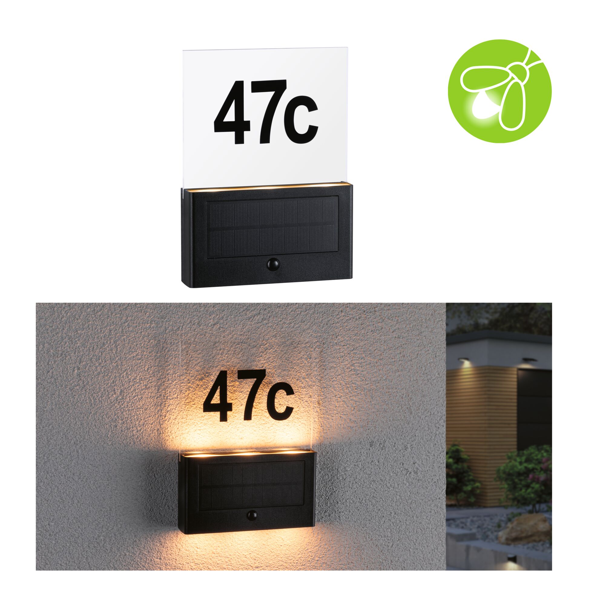 Solar LED Oświetlenie numeru domu Neda Czujnik ruchu przyjazny dla owadów IP44 2200K 18lm Antracyt Solar-powered house number light with black casing and illuminated acrylic panel showing number 47c