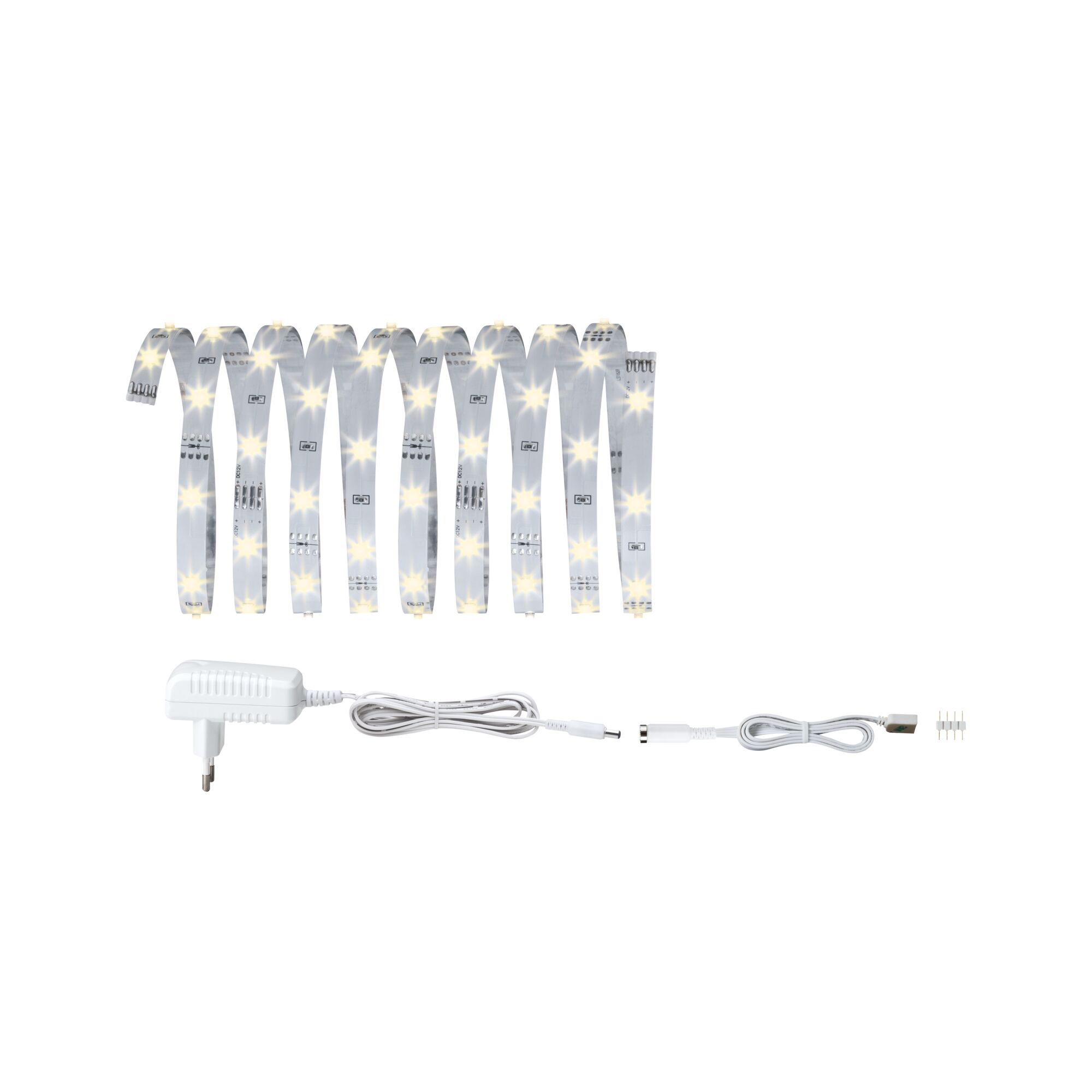 LED-strip met warmwitte lampjes, witte kabel en adapter voor flexibele verlichtingsoplossingen