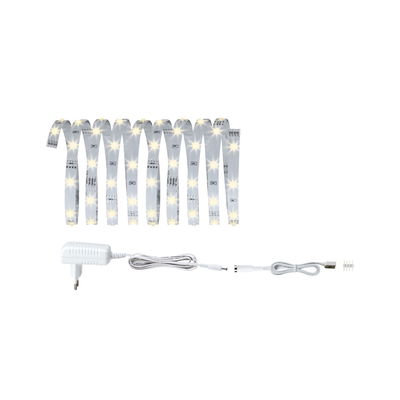 LED-strip met warmwitte lampjes, witte kabel en adapter voor flexibele verlichtingsoplossingen