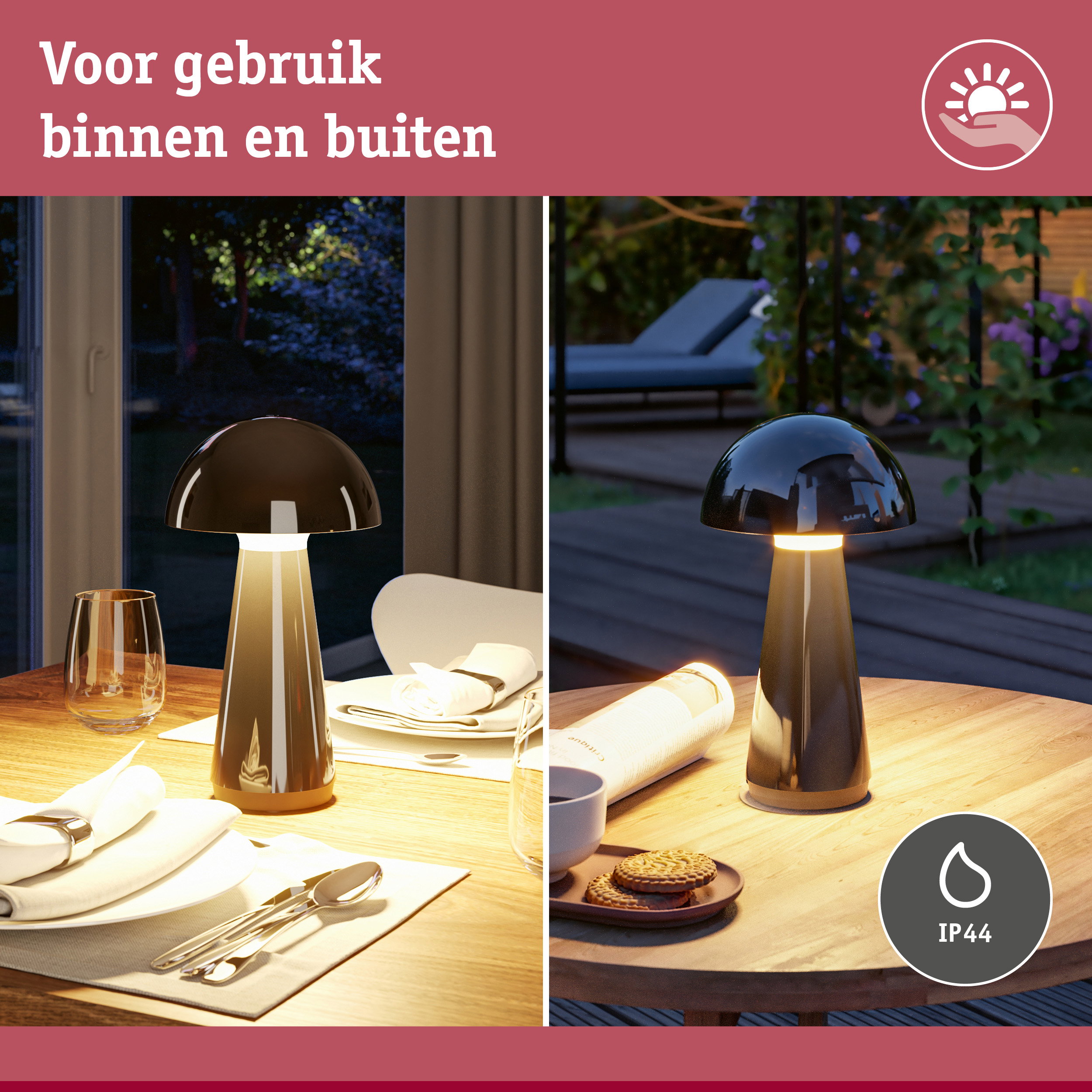 Moderne zwarte tafellamp met IP44 bescherming voor binnen- en buitengebruik op houten tafel.