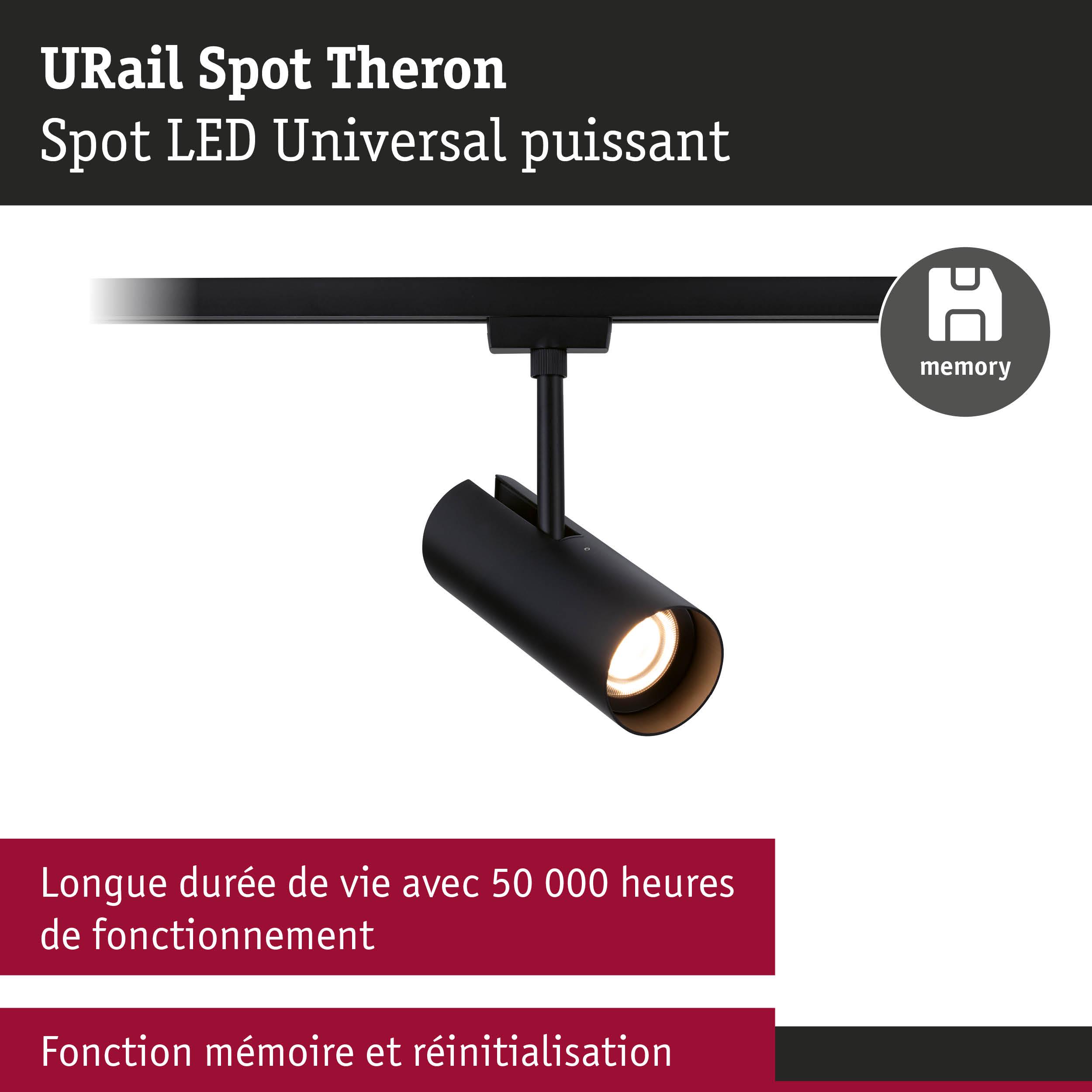 Spot LED URail Theron noir avec fonction mémoire et longue durée de vie pour système de rails