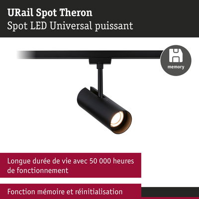 Spot LED URail Theron noir avec fonction mémoire et longue durée de vie pour système de rails