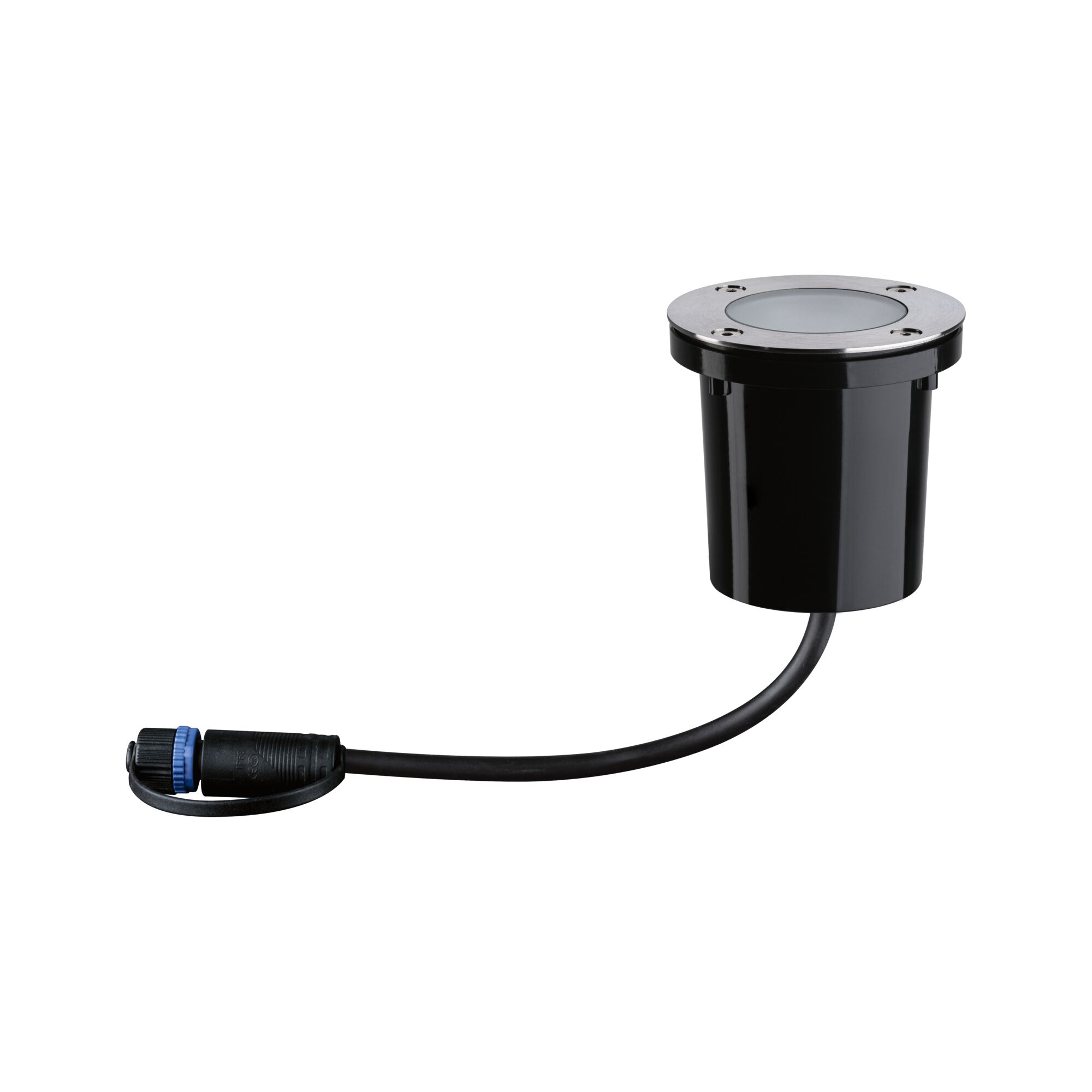 Round black plastic recessed floor spotlight with stainless steel ring and cable for outdoor lighting