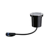 Round black plastic recessed floor spotlight with stainless steel ring and cable for outdoor lighting