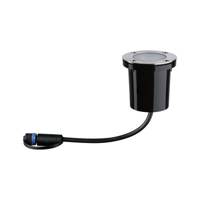 Round black plastic recessed floor spotlight with stainless steel ring and cable for outdoor lighting