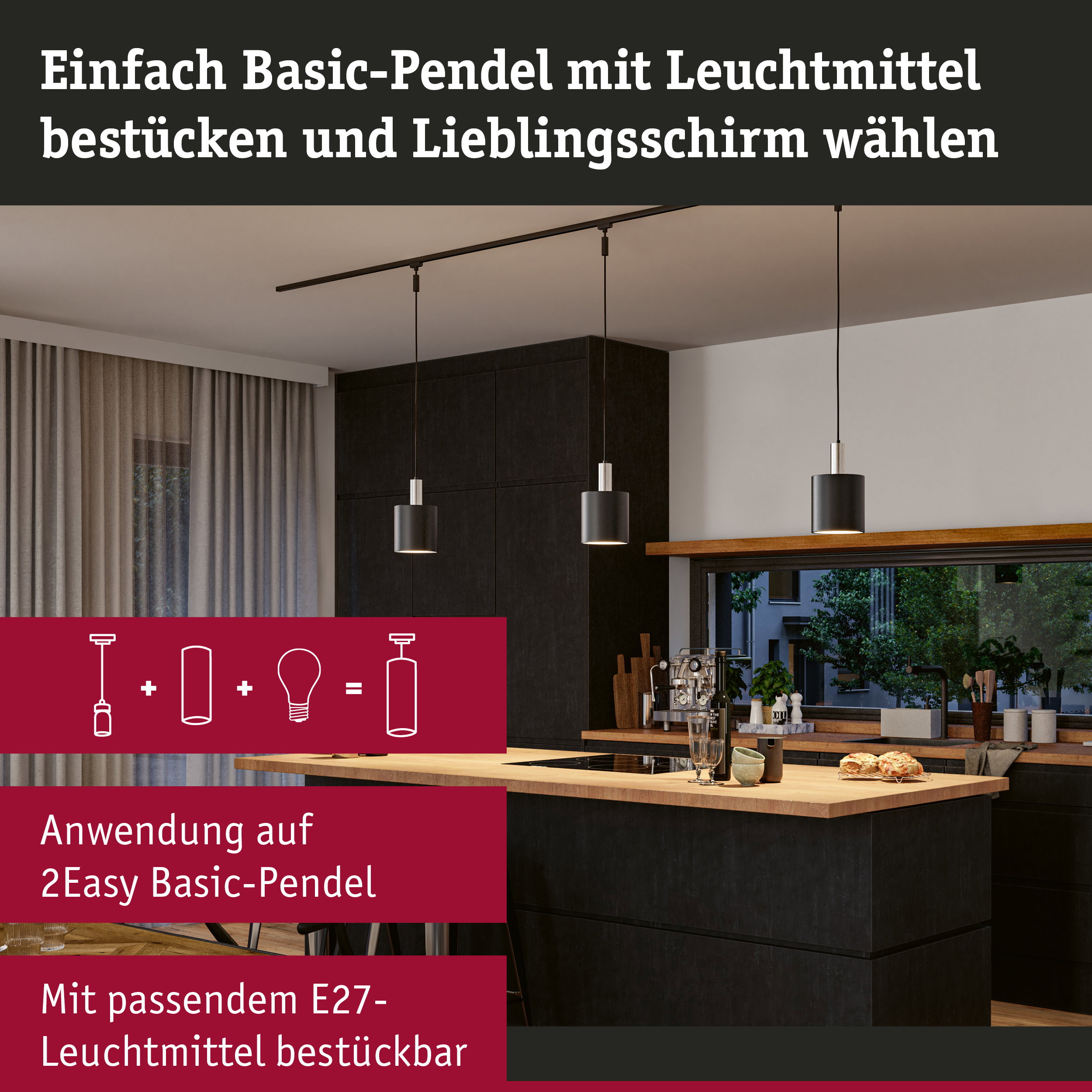 Moderne schwarze Pendelleuchten aus Metall in Küche mit Holzarbeitsplatte und großen Fenstern