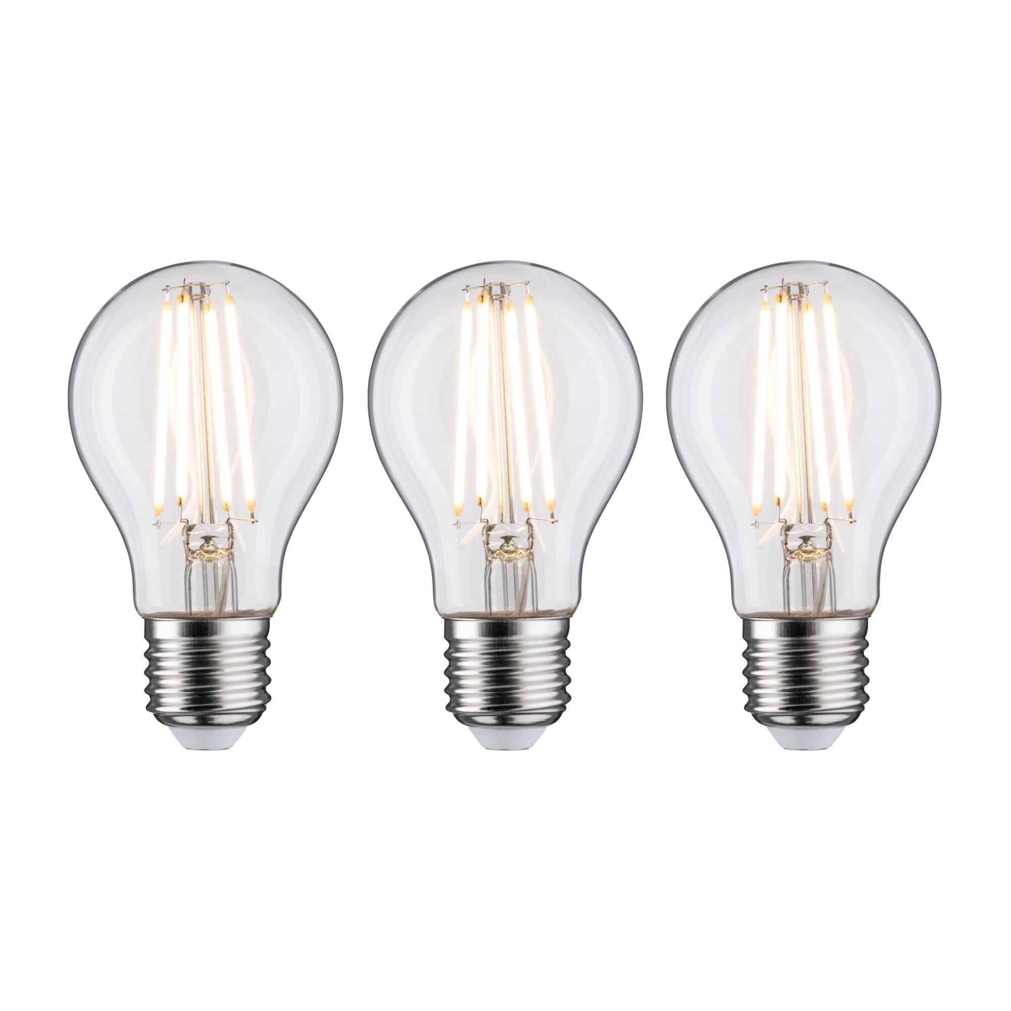 Drei klare LED-Glühbirnen mit E27-Fassung und warmweißem Licht für energiesparende Beleuchtung.