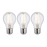 Drei klare LED-Glühbirnen mit E27-Fassung und warmweißem Licht für energiesparende Beleuchtung.