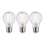 Drei klare LED-Glühbirnen mit sichtbaren Filamenten und E27-Fassung für energiesparende Beleuchtung