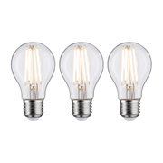 Drei klare LED-Glühbirnen mit sichtbaren Filamenten und E27-Fassung für energiesparende Beleuchtung