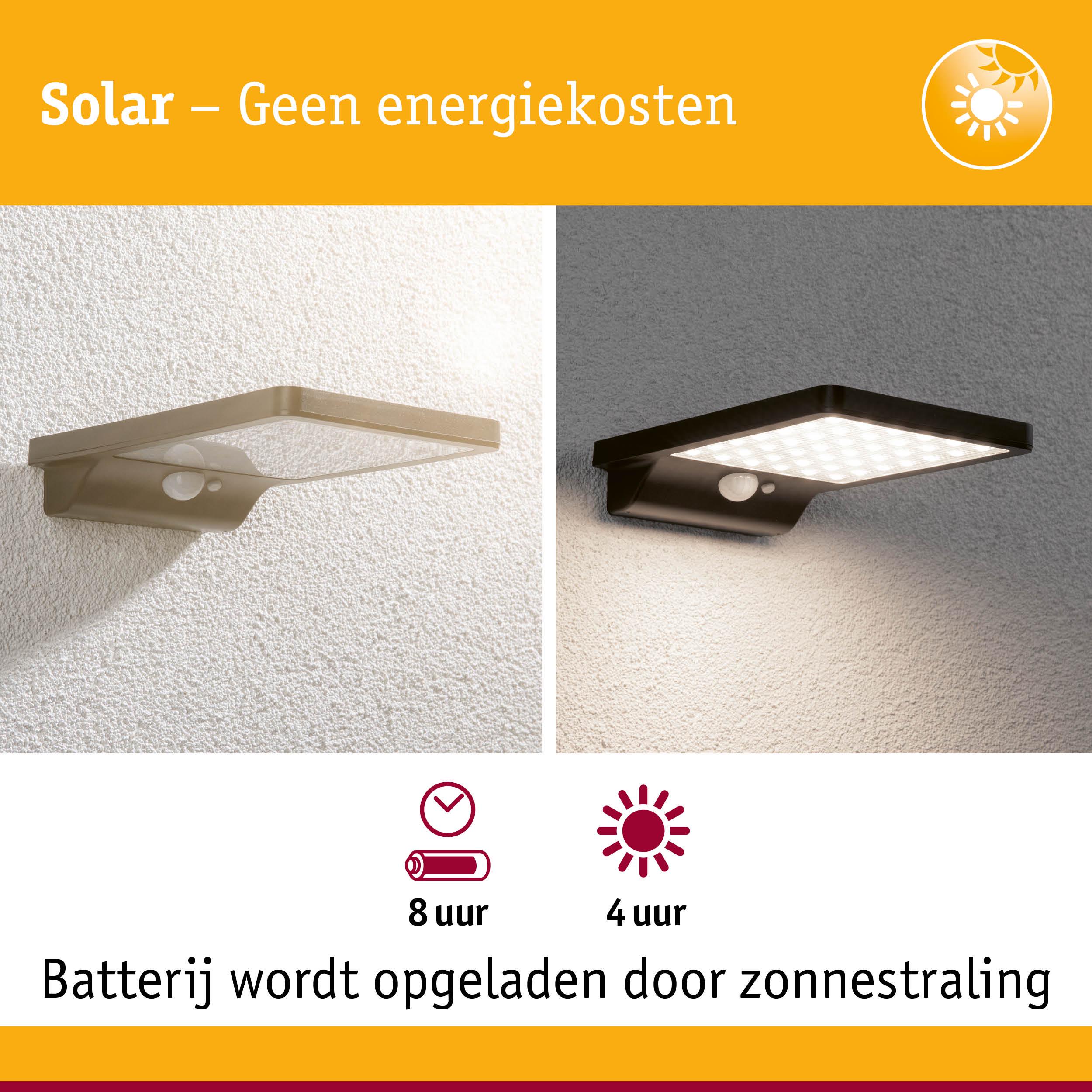 Zonne-energie buitenwandlamp met bewegingssensor in zwart en bruin, energiezuinige LED-verlichting