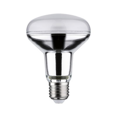 Reflector bulb with E27 base made of clear glass and silver coating for focused lighting