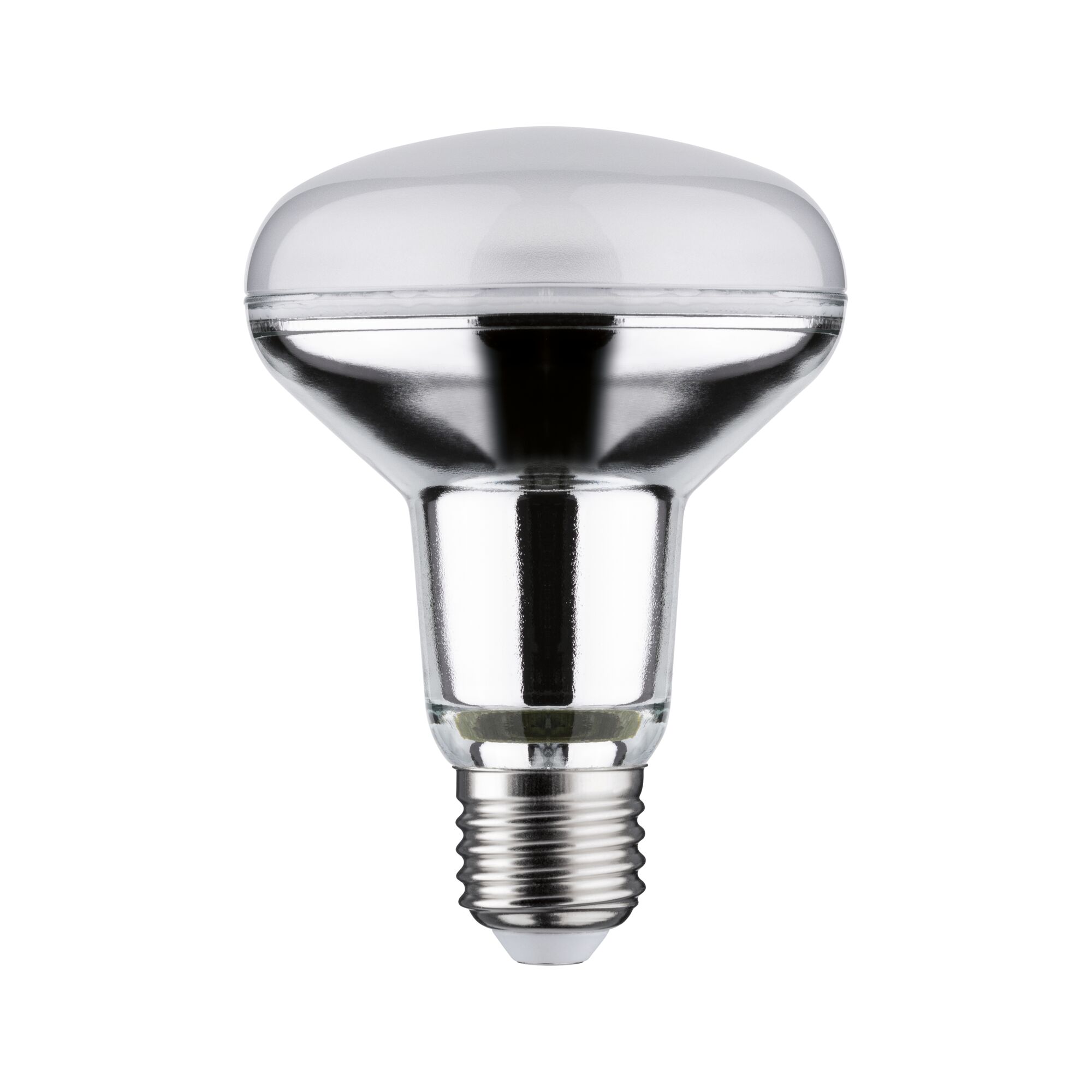 Reflector bulb with E27 base made of clear glass and silver coating for focused lighting