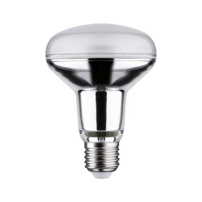 Reflector bulb with E27 base made of clear glass and silver coating for focused lighting