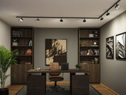 Modernes Büro mit braunem Holzschreibtisch, Lederstuhl und schwarzer LED-Deckenbeleuchtung für Arbeitsräume
