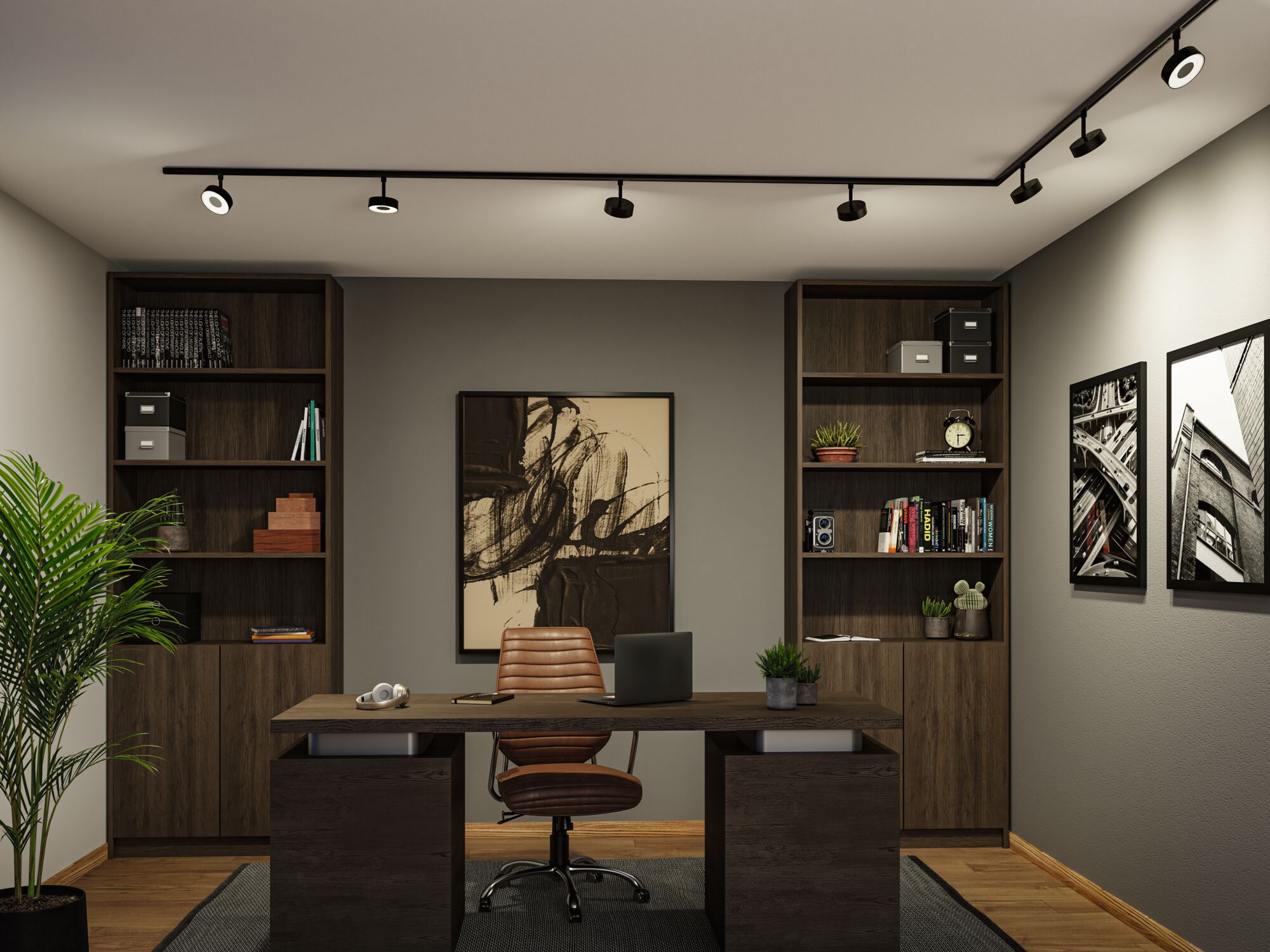 Modernes Büro mit braunem Holzschreibtisch, Lederstuhl und schwarzer LED-Deckenbeleuchtung für Arbeitsräume