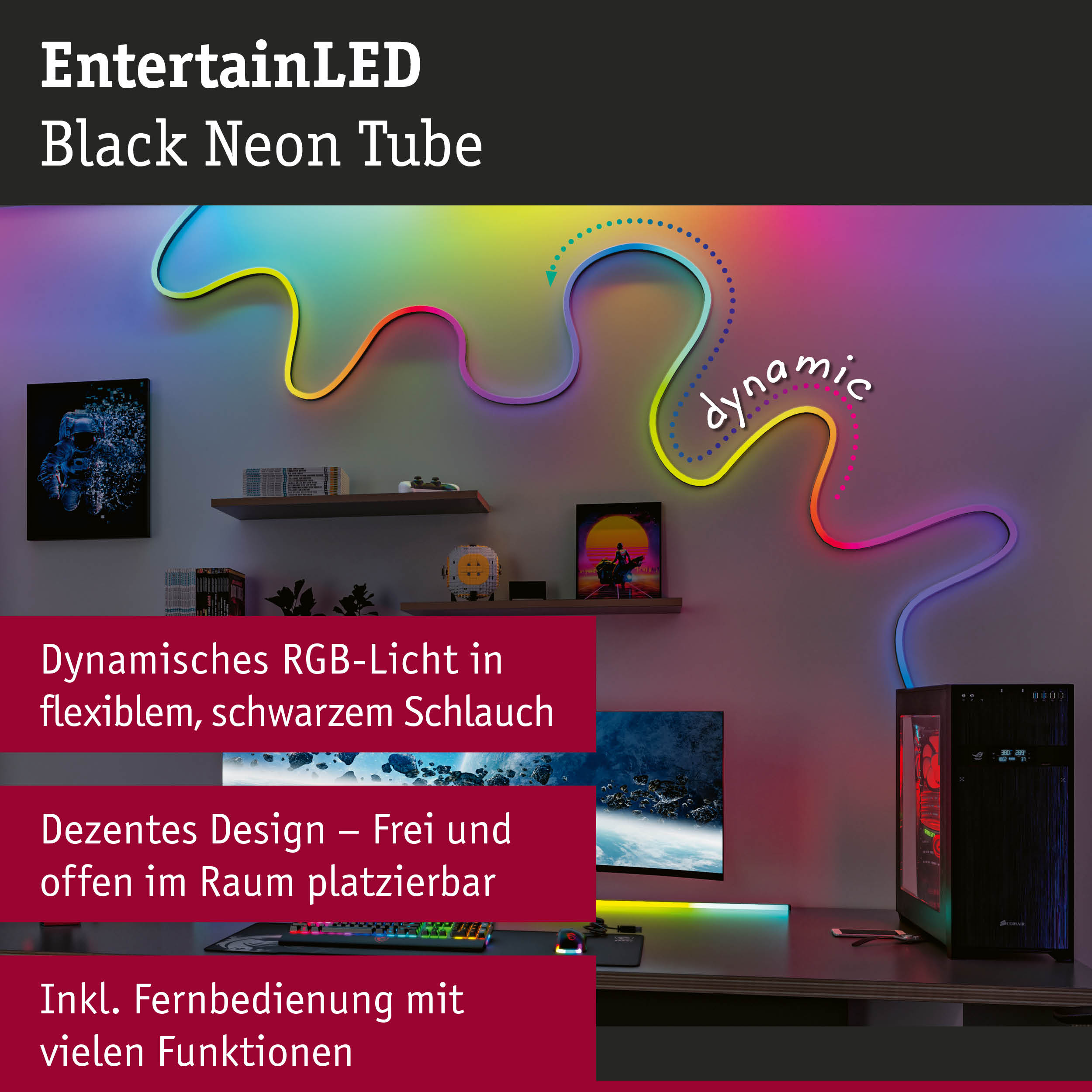Dynamisches RGB-Licht in flexiblem schwarzem Schlauch als Wanddeko im Gaming-Zimmer