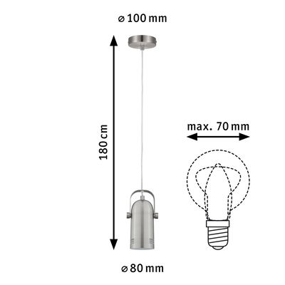 Moderner Pendelleuchter aus gebürstetem Metall in Silber mit 180 cm Kabel und 80 mm Lampenschirm.