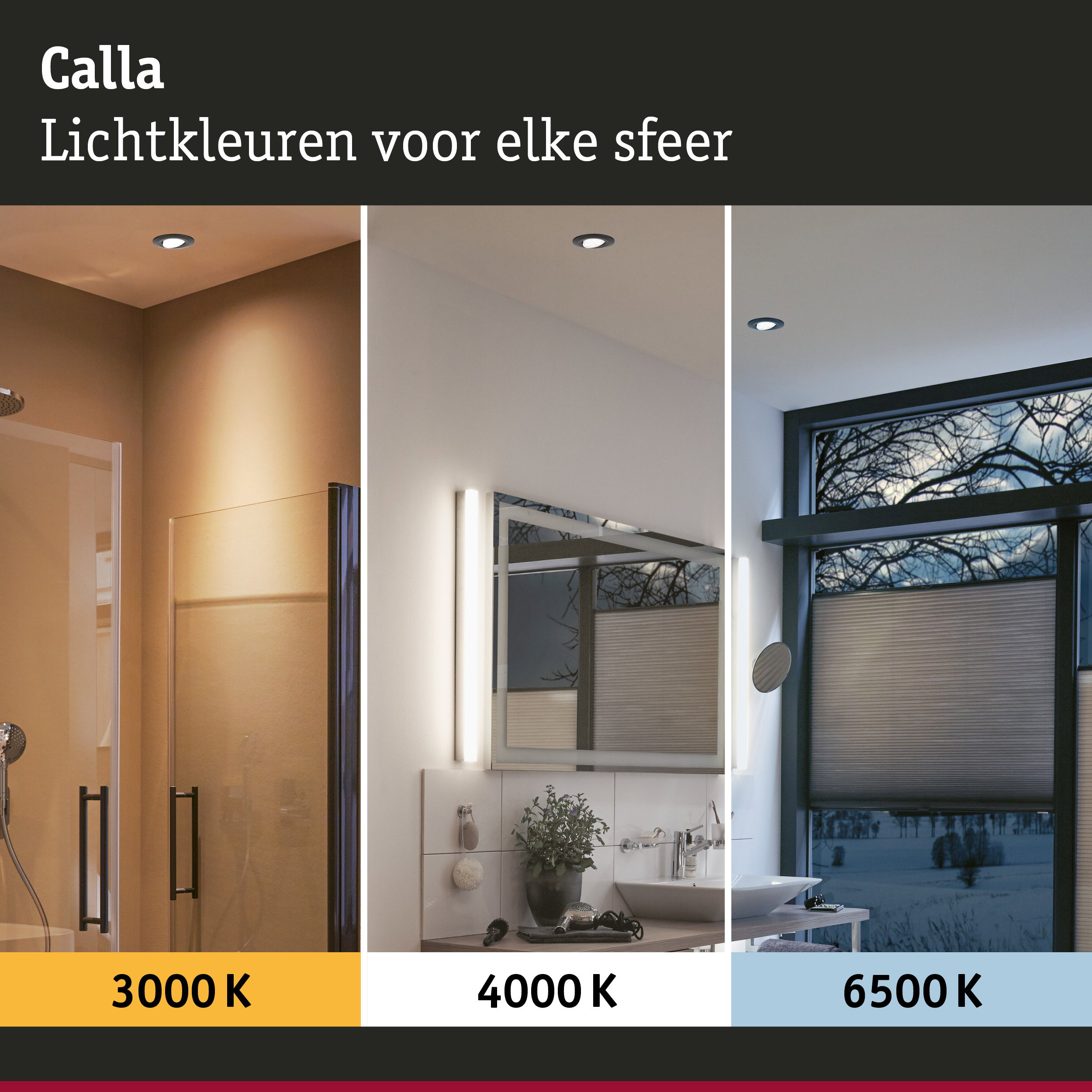 Drie LED-inbouwspots met lichtkleuren 3000K, 4000K en 6500K voor verschillende sferen in huis