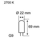 Technische Zeichnung einer G9 LED-Lampe mit 22 mm Durchmesser und 69 mm Länge, 2700 K Lichtfarbe