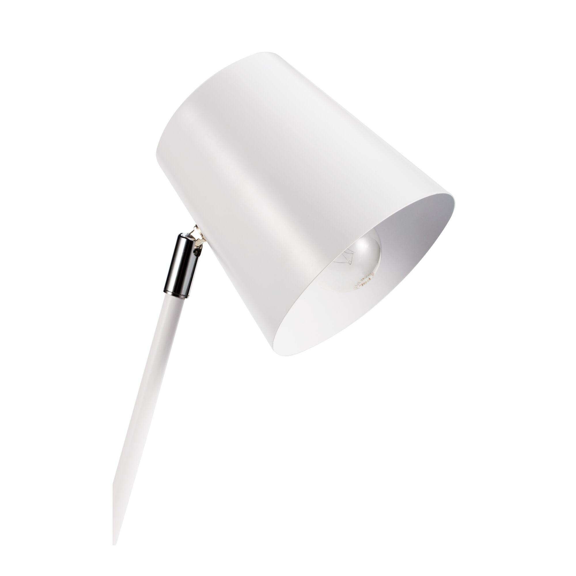 Moderne hvid metal skrivebordslampe med synlig pære og justerbar arm til kontorbelysning