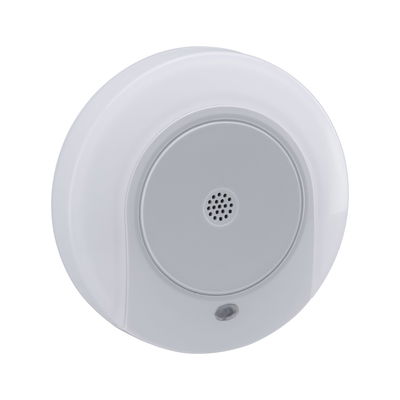 Round white smoke alarm device with central speaker and LED indicator for home safety