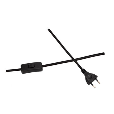 Black textile power cable with switch and Euro plug, suitable for lighting and electronic devices