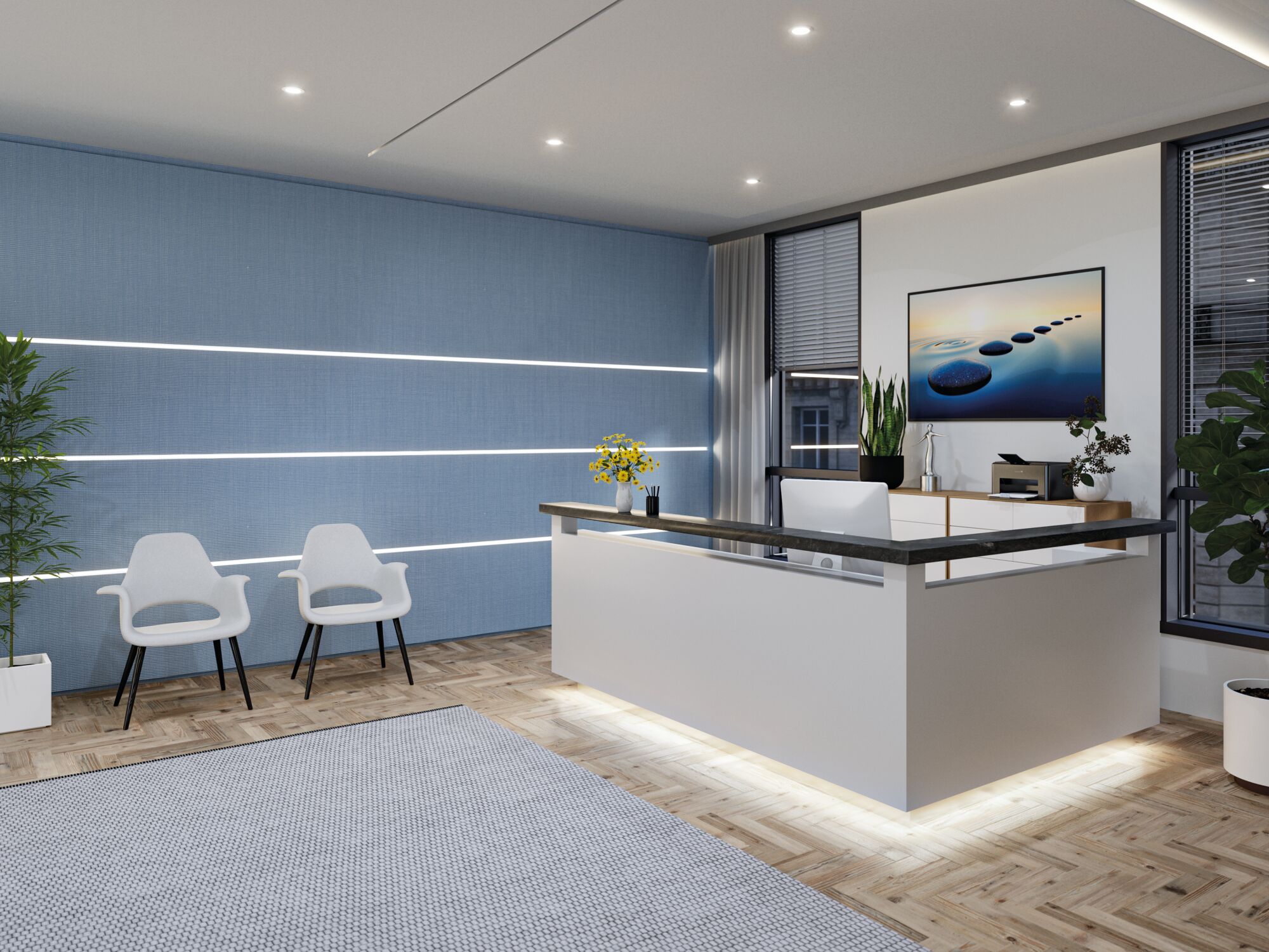 Bureau moderne avec comptoir d'accueil blanc, mur bleu avec bandes lumineuses LED et deux chaises blanches