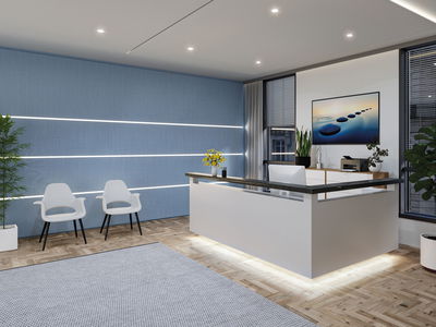 Bureau moderne avec comptoir d'accueil blanc, mur bleu avec bandes lumineuses LED et deux chaises blanches