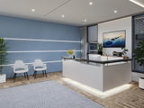 Modern office with white reception desk, blue wall, and LED ceiling lights for workspace lighting