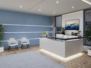 Modernes Büro mit weißem Empfangstresen, blauer Wand mit LED-Lichtstreifen und zwei weißen Stühlen