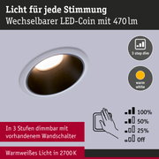Wechselbarer LED-Coin in Weiß mit 470lm, 3-stufig dimmbar, warmweißes Licht 2700K für Wandbeleuchtung