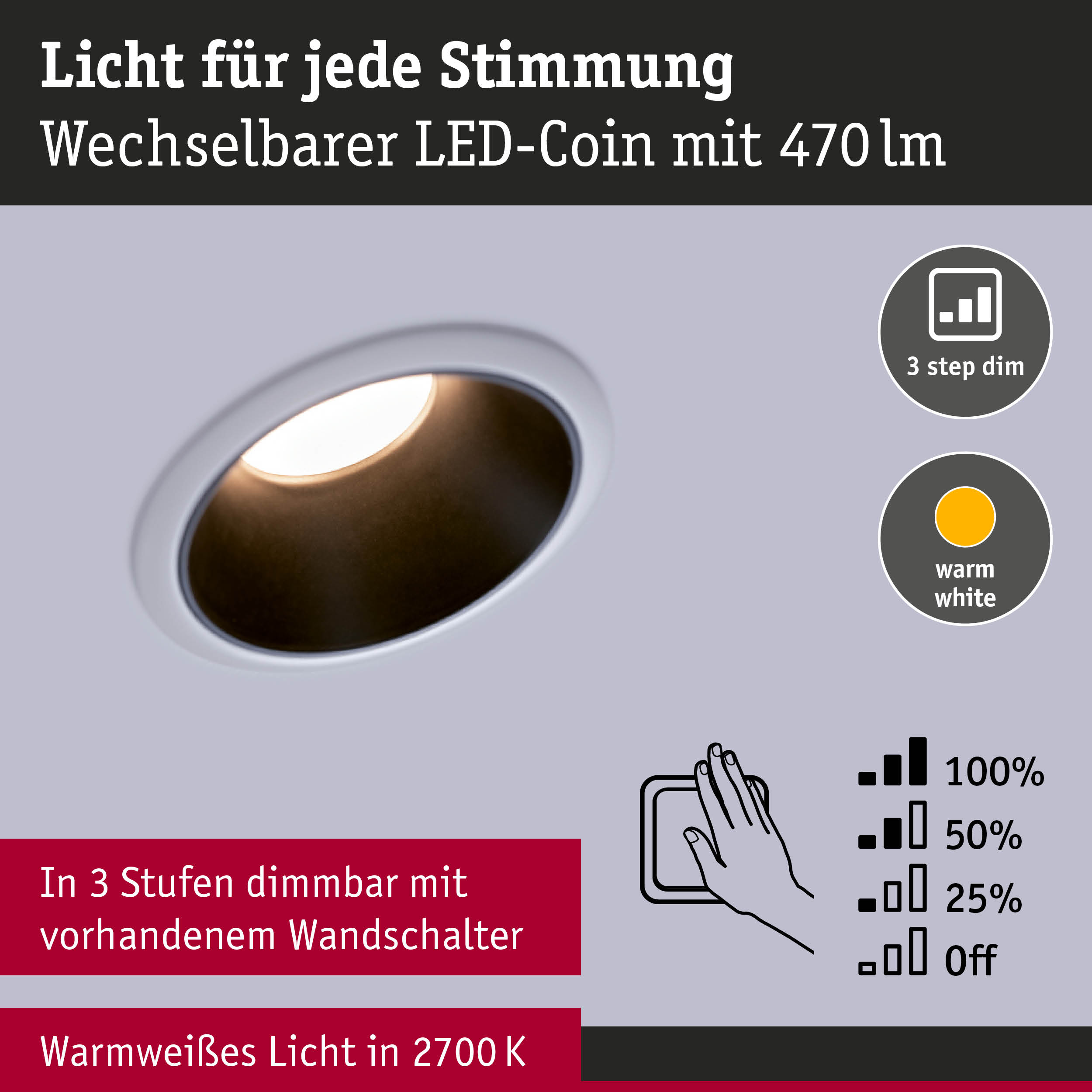 Wechselbarer LED-Coin in Weiß mit 470lm, 3-stufig dimmbar, warmweißes Licht 2700K für Wandbeleuchtung