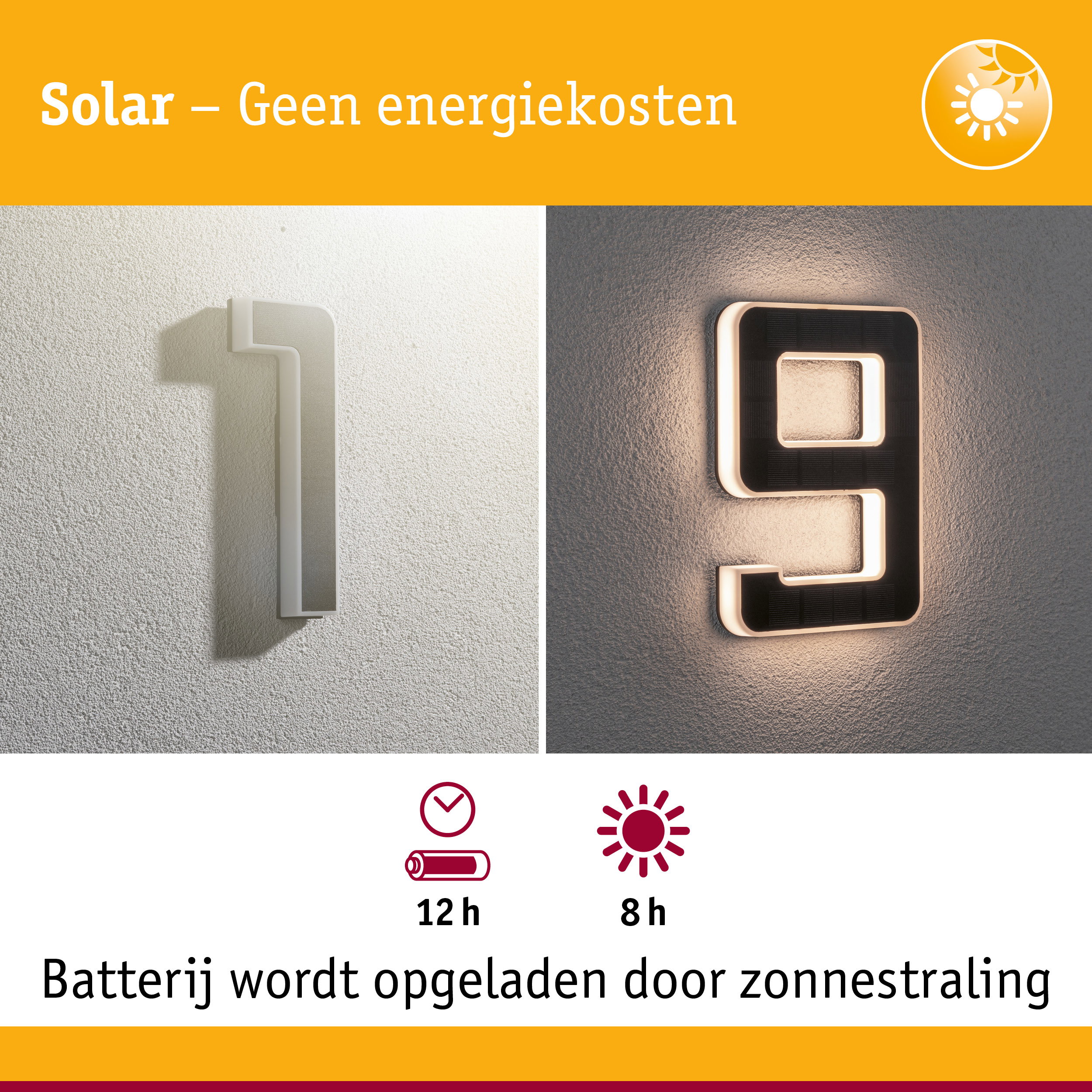 Zonne-energie huisnummerverlichting met witte en zwarte afwerking, energiezuinige LED-verlichting