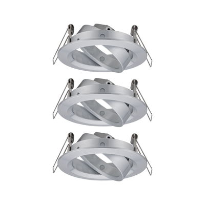 Three round recessed spotlights made of brushed aluminum in silver for modern LED lighting.