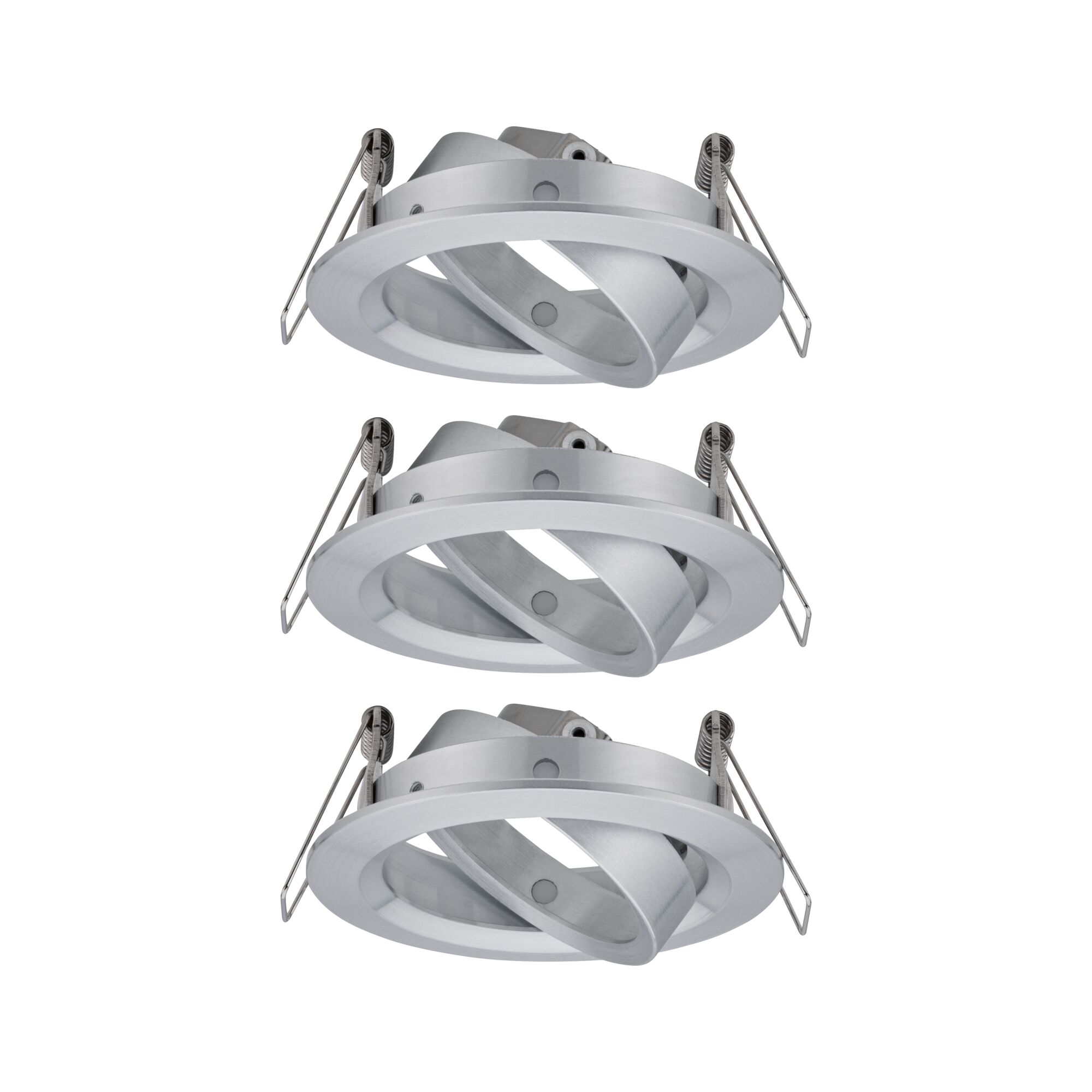 Drie ronde inbouwspots van geborsteld aluminium in zilver voor moderne LED-verlichting.