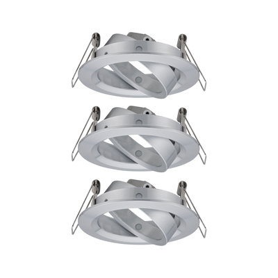 Trois spots encastrés ronds en aluminium brossé argenté pour éclairage LED moderne.