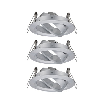 Drei runde Einbaustrahler aus gebürstetem Aluminium in Silber für moderne LED-Beleuchtung.