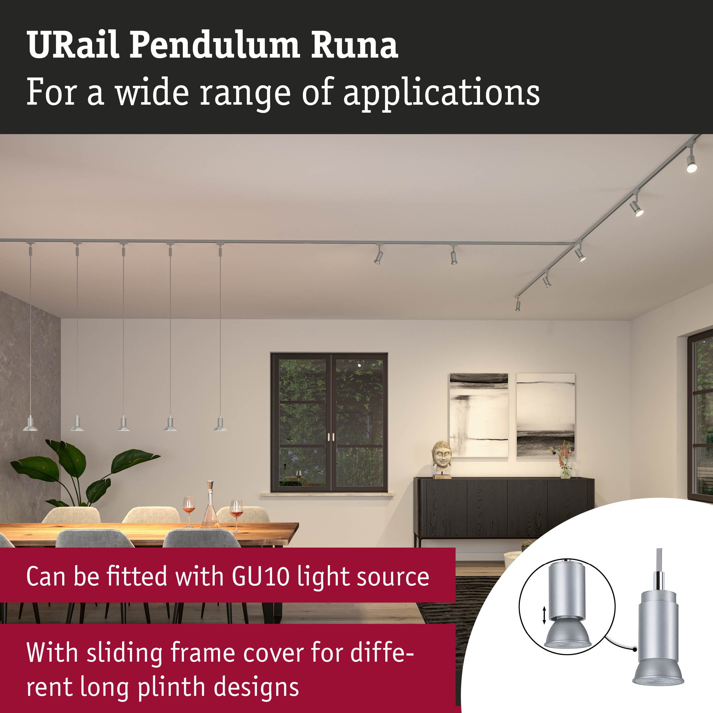 URail Pendulum Runa silver pendant light with GU10 bulb for versatile indoor lighting solutions