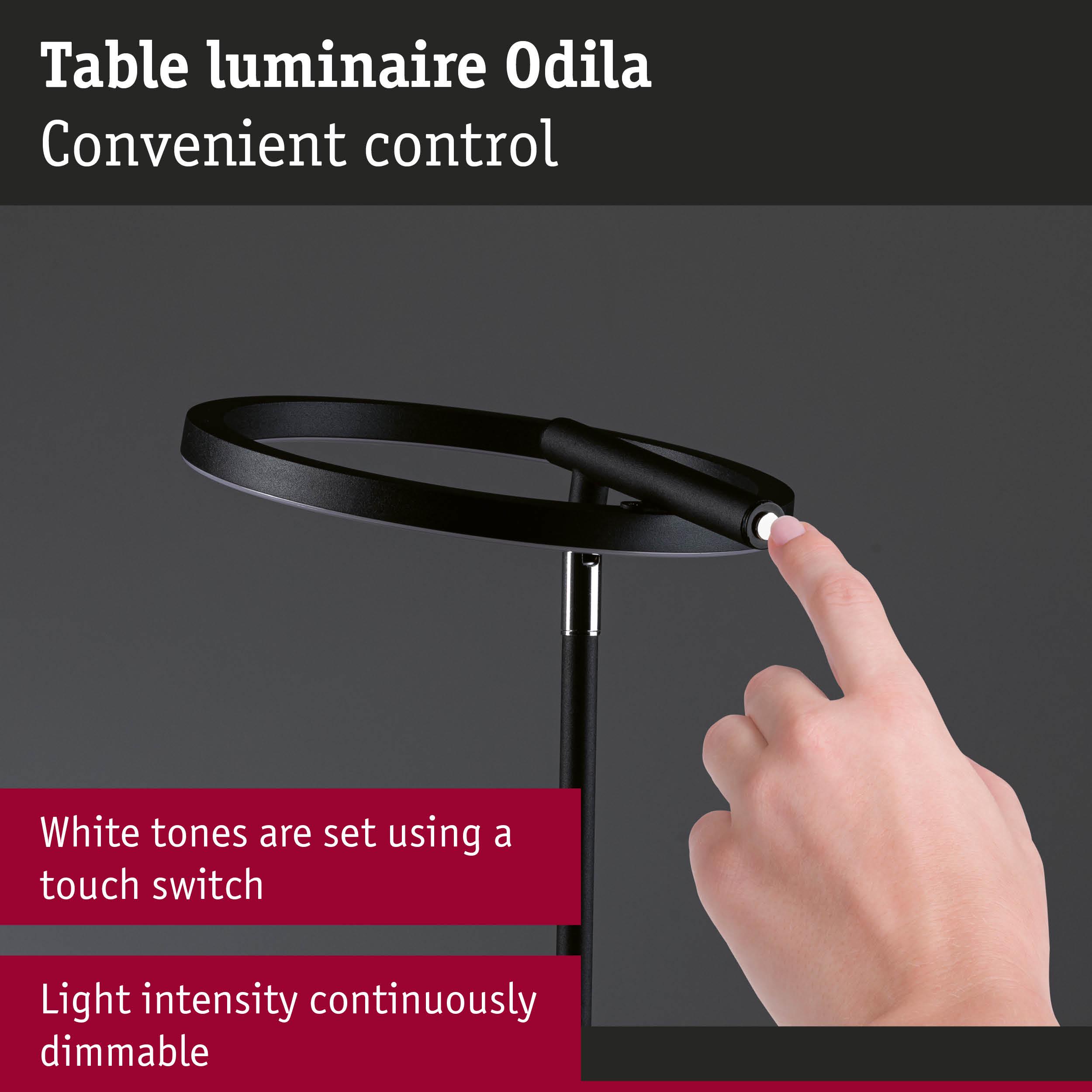 Black Odila metal table lamp with touch switch and continuously dimmable light intensity