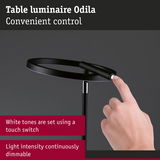 Black Odila metal table lamp with touch switch and continuously dimmable light intensity