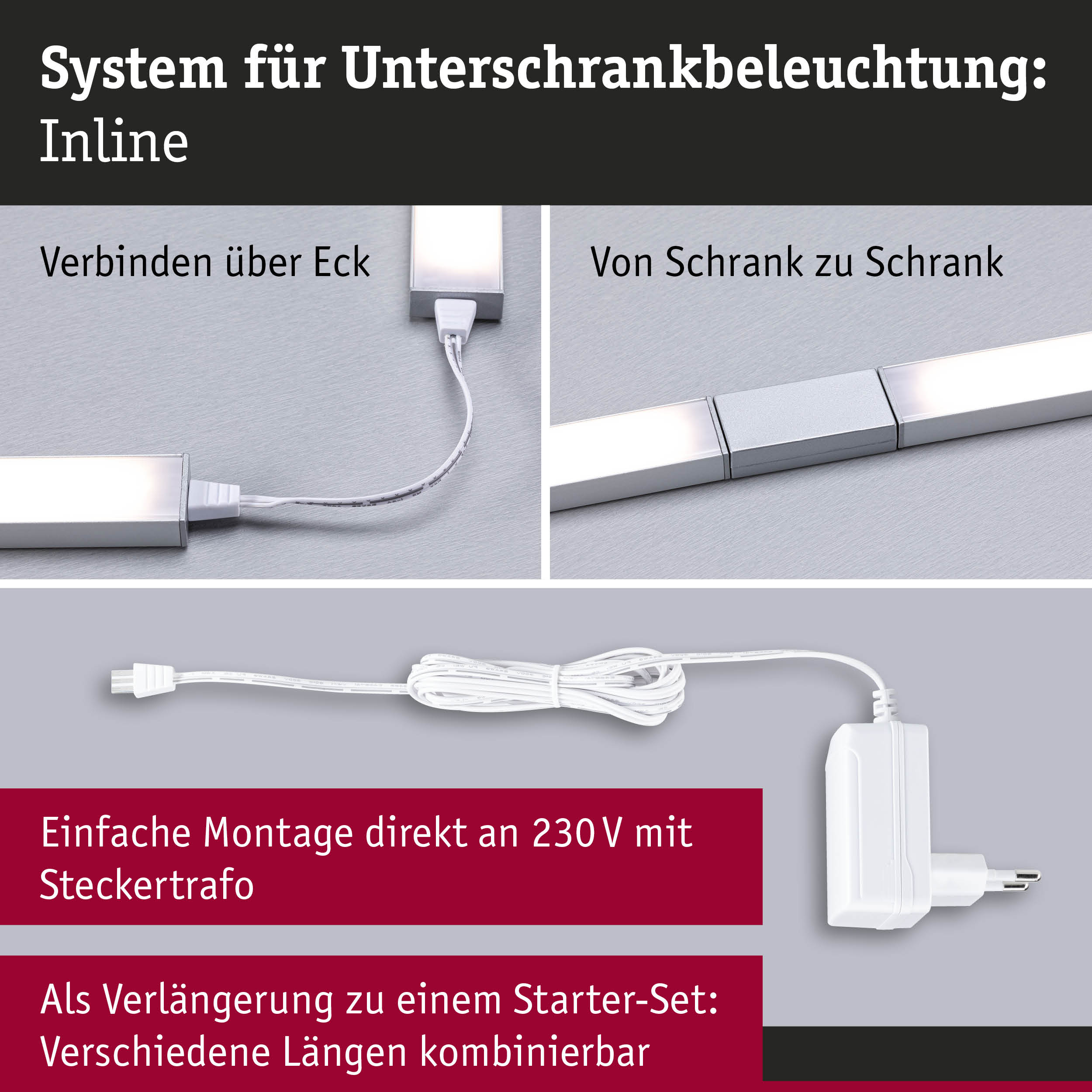 System für Unterbauleuchten in Weiß mit Steckernetzteil und Verbindungskabel für Küchenbeleuchtung