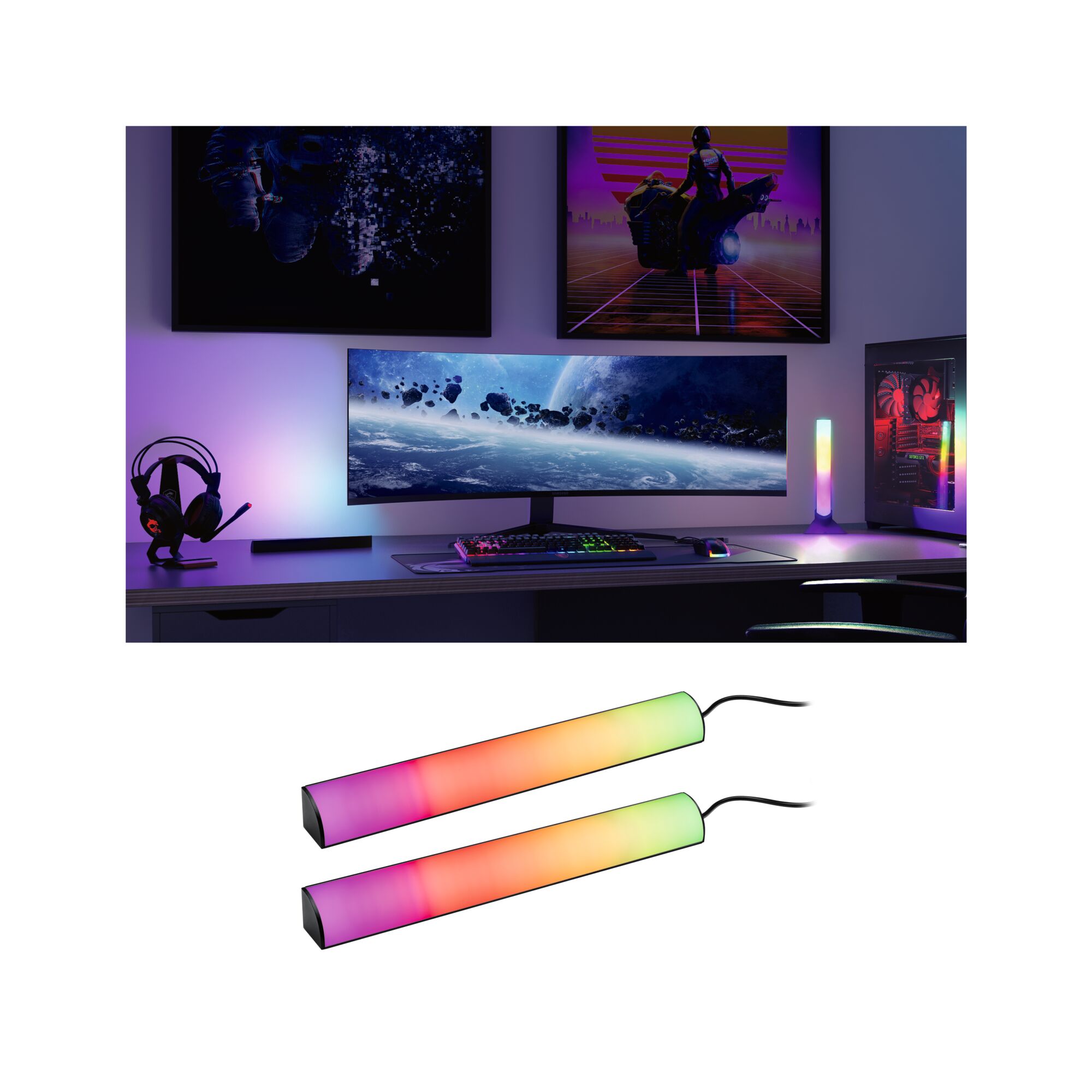 EntertainLED Lightbar Dynamic RGB 2x0,6W 2x24lm RGB Modernes Gaming-Setup mit ultrabreitem Monitor, RGB-Tastatur, Kopfhörer und bunten LED-Lichtleisten