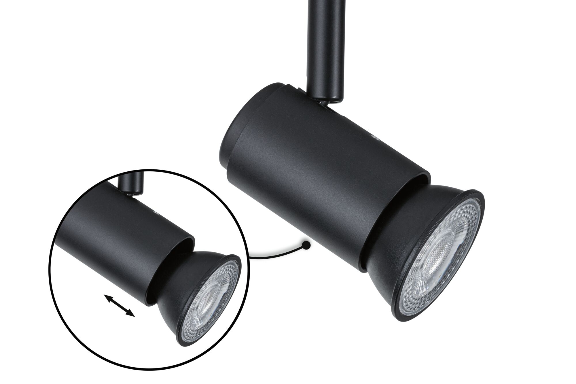 Black metal LED spotlight with adjustable head for flexible indoor lighting and modern design