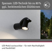 Schwarze LED-Außenwandleuchte mit austauschbarem Modul an weißer Wand für energiesparende Außenbeleuchtung
